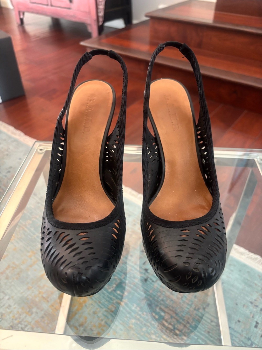 Vintage Y2K L.A.M.B Black Leather Perforated Slingback Platform Pumps